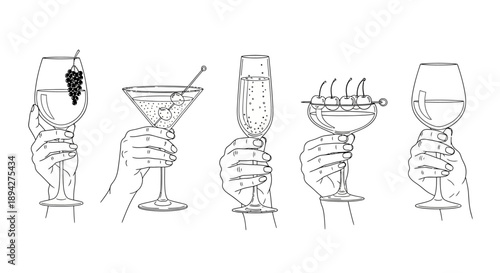 Set of hand-drawn line art illustrations featuring various cocktail glasses with garnishes, perfect for a bar or celebration theme