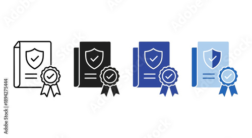 Vector icons representing a certified document with a seal and shield, signifying approval, quality, or guarantee