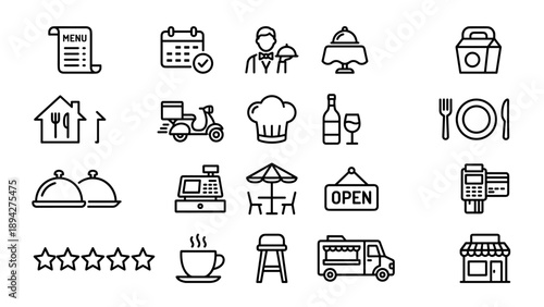 Restaurant and Dining Line Icon Set with Menu, Reservation, Waiter, Table Service, Takeout, Delivery, Chef Hat, Wine, Cutlery, Cash Register, Outdoor Seating, Open Sign, Payment, Rating, Coffee,
