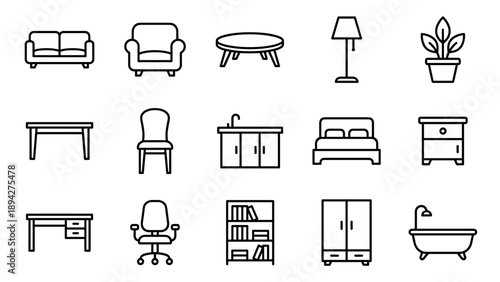 Set of 15 Minimalist Furniture and Interior Design Line Icons Including Sofa, Armchair, Table, Lamp, Bed, Desk, Chair, Bookshelf, Wardrobe, and Bathtub Vector Graphics for Home Decor and Layouts