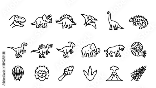 Set of 18 Prehistoric and Dinosaur Line Icons Featuring T-Rex, Triceratops, Stegosaurus, Mammoth, Sabertooth Tiger, Volcano, Caveman, and Fossils in a Minimalist Vector Style with Uniform Strokes