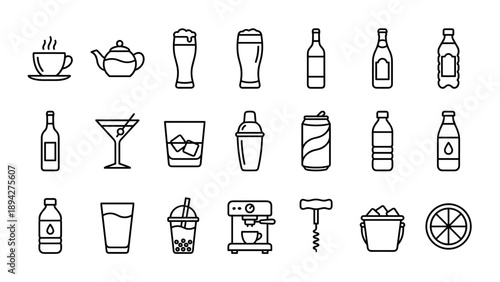Minimalist Beverage and Cocktail Drinks Line Icon Set Featuring Coffee, Tea, Beer, Wine, Soda, Water, Juice, Milk, Bubble Tea, Espresso Machine, Cocktail Shaker, Ice Bucket, and Bar Tools.