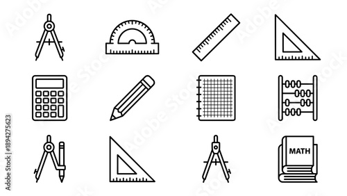 Set of Mathematics and Geometry Tools Line Icons Featuring Compass, Protractor, Ruler, Calculator, Pencil, Grid Notebook, Abacus, and Math Books in Minimalist Vector Style on White Background.