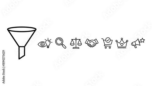 Minimalist Sales Funnel and Customer Journey Conversion Line Icons Set on White Background. Vector Illustration Featuring Awareness, Interest, Evaluation, Purchase, Loyalty, and Advocacy Symbols.