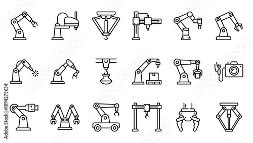 Vector Set of Industrial Robotic Arm and Automation Line Icons. Minimalist Collection of Manufacturing Robots, Assembly Line Grippers, Delta Robots, and Machine Vision for Smart Factory Design.