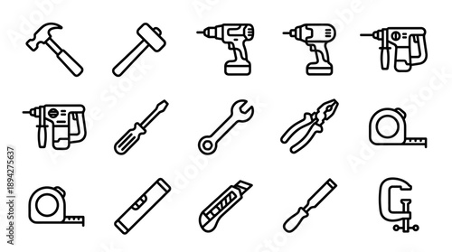 Minimalistic Vector Set of Hand Tool Icons Including Hammer, Cordless Drill, Screwdriver, Wrench, Pliers, Tape Measure, Spirit Level, Utility Knife, Chisel, and C-Clamp for DIY and Construction.