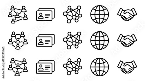 Set of minimalist black line art vector icons featuring networking people, business cards, connected nodes, a global globe, and a handshake, representing professional business communication and deals.