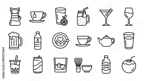 Minimalist beverage line icon set featuring coffee, tea, juice, smoothie, cocktail, wine, beer, water, latte art, espresso, teapot, boba, soda, whiskey, matcha, kombucha, and coconut water icons.