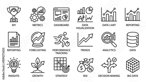 Set of Business Analytics Line Icons for Data Visualization, KPI, Metrics, Dashboard, Reporting, Forecasting, Performance Tracking, Trends, Big Data, ROI, Strategy, Decision Making, and Growth.