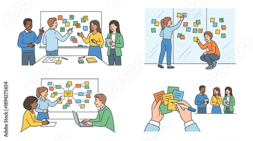 Vector set of four scenes showing a diverse team brainstorming and collaborating in an office using colorful sticky notes on whiteboards and glass walls for creative project planning and ideas.