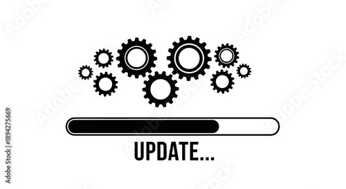 Gears and progress bar indicating an update process with technological advancement and system improvement themes