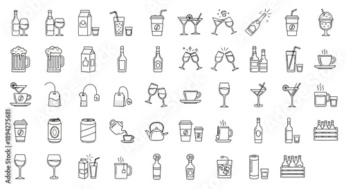 Set of various beverages and drinkware icons, including alcoholic and non-alcoholic options, presented in a clean line art style for versatile design applications