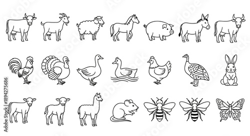 A collection of farm animal illustrations including cows, goats, horses, pigs, donkeys, chickens, turkeys, ducks, geese, rabbits, sheep, lambs, llamas, mice, bees, and butterflies, presented in a 