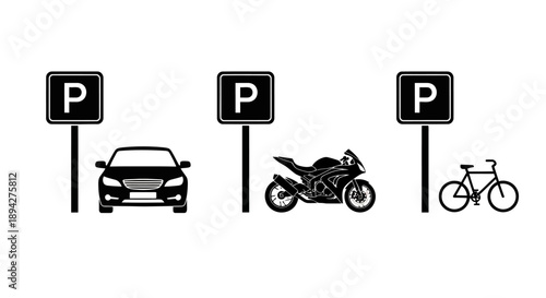 Parking signs with car, motorcycle, and bicycle illustrations
