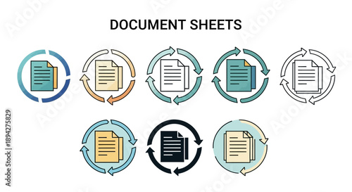 Modern vector graphics illustrating document pages with a cyclical arrow, ideal for representing file updates, data processing, and digital document flow operations