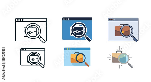 Magnifying glass over briefcase icon set for job search and employment vector graphics
