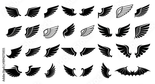 Large collection of stylized vector wings in various designs and forms, perfect for graphic design projects, emblems, and decorative elements, offering a wide array of artistic options