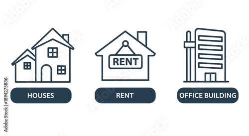 Real Estate Icons Houses, Rent, and Office Buildings - Vector Graphics for Property Listings and Business
