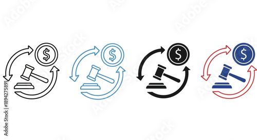 Financial Law and Justice Concept Gavel, Money, and Circular Arrows Illustrating Exchange and Transaction