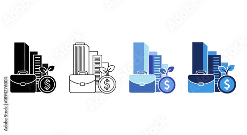 Financial growth icons representing business investment with briefcase and plant sprouts next to skyscrapers