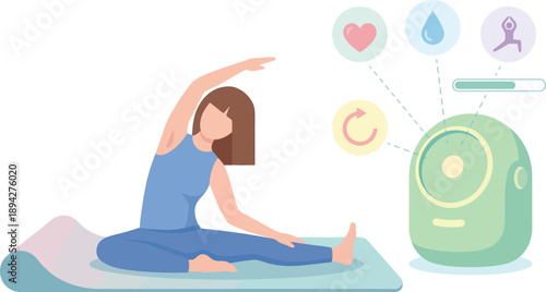 Mindful woman engages in a serene yoga practice, utilizing smart wellness technology to track fitness goals and enhance daily well-being