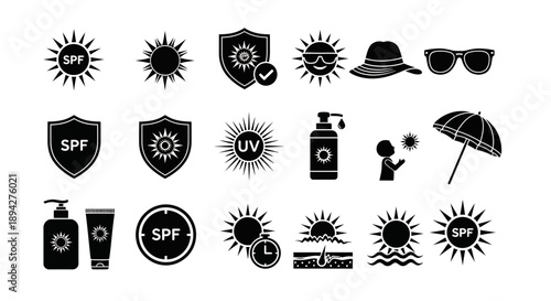 Collection of sun protection and SPF icons, including sun, shield, umbrella, sunglasses, and sunscreen bottles, representing outdoor safety and skincare in vector format