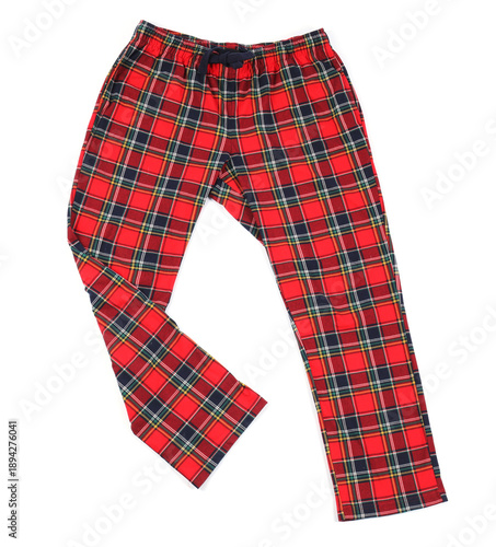 Bild auf Leinwand Checkered pyjama pants isolated on white, top view
