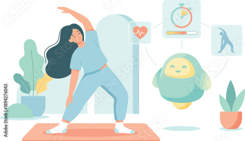 Modern Woman Practicing Yoga at Home with a Smart AI Fitness Assistant for Enhanced Wellness Tracking