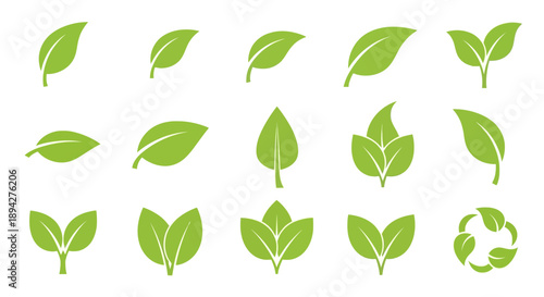 Collection of Green Leaf Icons Representing Nature, Growth, and Eco-Friendly Concepts, Vector Graphics