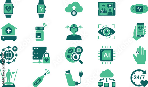 Innovative Ecosystem of Digital Healthcare Icons Representing Smart Devices, AI, Data, and Remote Patient Care