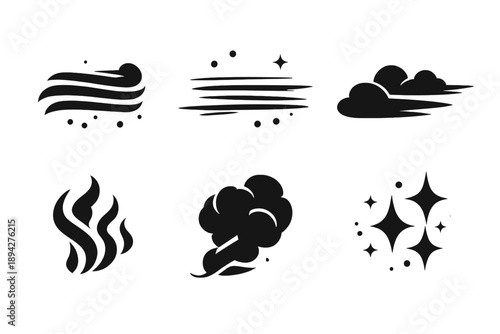 Atmospheric Effect Icons. Solid vector icons of soft atmospheric effects: mist, haze, cloud streak, vapor, smoke, shimmer No text,