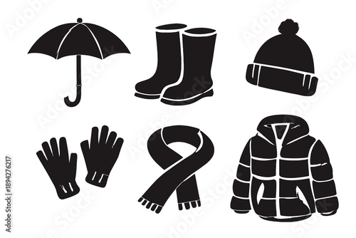 Weather Accessories Icons. Solid vector icons of weather accessories: umbrella, rain boots, hat, gloves, scarf, jacket No text, No