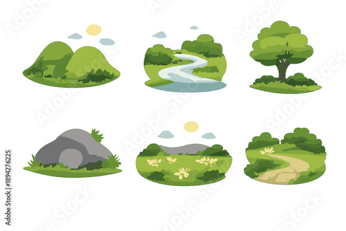 Calm Landscape Icons. Solid vector icons of calm landscapes: hill, river, tree, rock, meadow, path No text, No labels, isolated