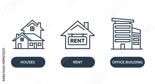 Real Estate Icons Houses, Renting, and Office Buildings for Property Listings and Services