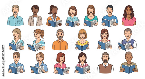 Diverse vector illustration set of individuals reading books and singing from sheet music, depicting various ages and ethnicities engaged in educational and recreational activities
