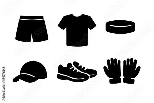 Sports Apparel Icons. Solid vector icons of sports apparel: shorts, t-shirt, headband, cap, sneakers, gloves No text, No labels,