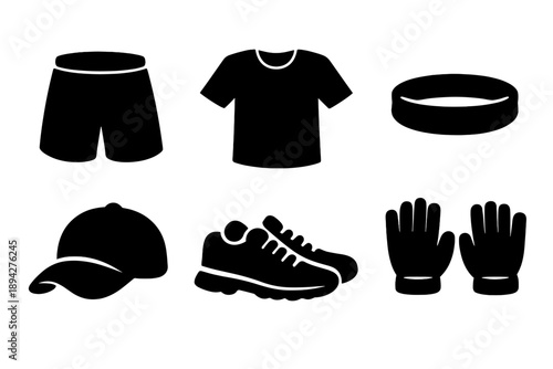 Sports Apparel Icons. Solid vector icons of sports apparel: shorts, t-shirt, headband, cap, sneakers, gloves No text, No labels,
