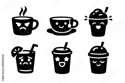 Emotive Drink Icons. Solid vector icons of emotive drinks: coffee with frown, tea with smile, milkshake with happiness, juice with