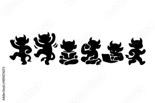 Mythical Gesture Icons. Solid vector icons of playful mythical gestures: wave, dance, reading, sipping, typing, jogging No text,