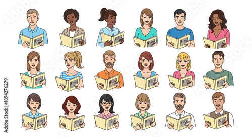 A vibrant vector illustration featuring a diverse group of men and women, each attentively reading from an open book, symbolizing education, shared knowledge, and a community of learners