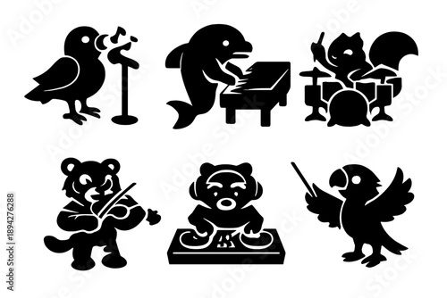 Musical Animal Icons. Solid vector icons of performing animals: bird singer, dolphin pianist, squirrel drummer, tiger violinist,