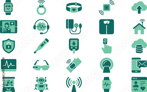 Modern health technology and medical device icons for digital wellness, remote care, and smart healthcare applications