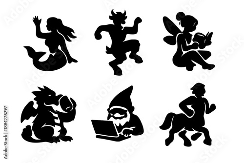 Mythical Gesture Icons. Solid vector icons of playful mythical gestures: wave, dance, reading, sipping, typing, jogging No text,