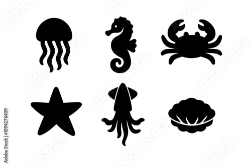 Marine Creatures Icons. Solid vector icons of marine and floating creatures: jellyfish, seahorse, crab, starfish, squid, clam No