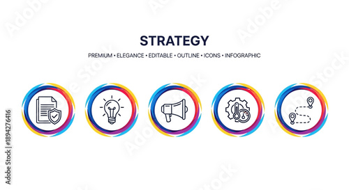 Dynamic vector set of strategic business icons, outlining concepts for planning, innovation, communication, financial optimization, and goal setting, ideal for modern infographics and presentations