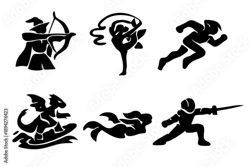 Fantasy Athlete Icons. Solid vector icons of fantasy athletes: wizard archer, fairy gymnast, elf runner, dragon surfer, mermaid