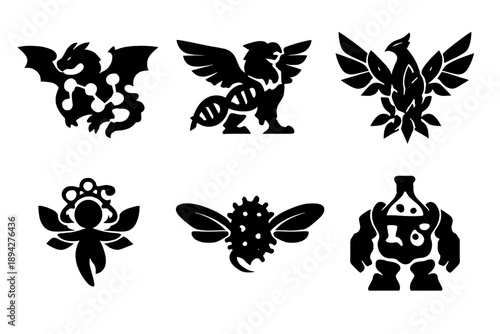 Hybrid Creature Icons. Solid vector icons of hybrid creatures: molecule dragon, DNA griffin, crystal phoenix, atom sprite, winged