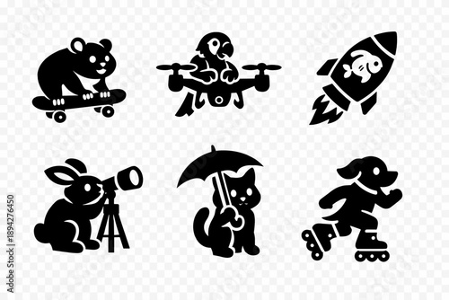 Pet Enthusiast Icons. Solid vector icons of pet enthusiasts: hamster skateboard, parrot drone, goldfish rocket, rabbit telescope,