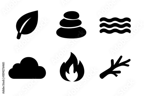 Natural Elements Icons. Solid vector icons of natural elements: leaf, stone, water, cloud, flame, branch No text, No labels,
