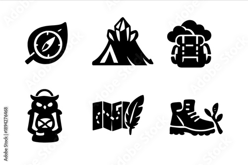 Adventure Icon Set. Solid vector icons of adventure and outdoors: compass leaf, tent crystal, backpack cloud, lantern owl, map
